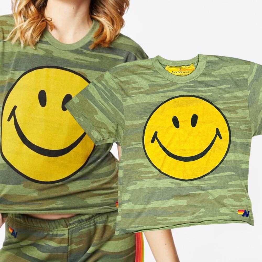 Aviator Nation T-Shirt Smiley Face Graphic Green Camo Small